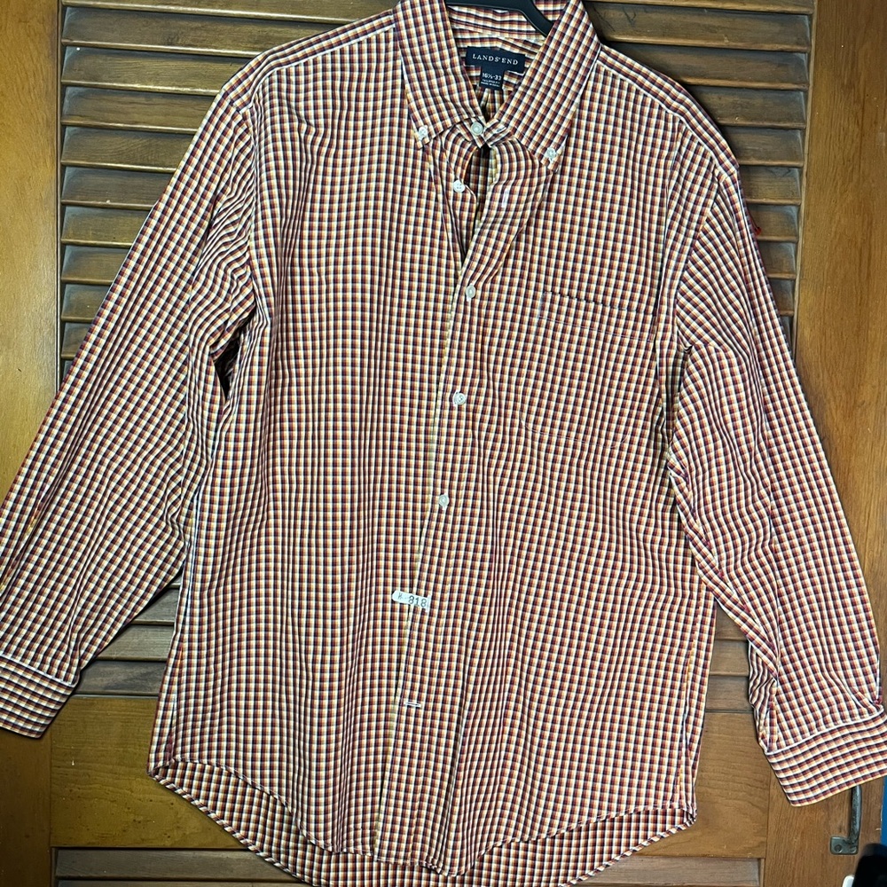 -Land's End Dress/Casual Button Down Men 16 3/4-33 Cotton Gingham Blue Orange